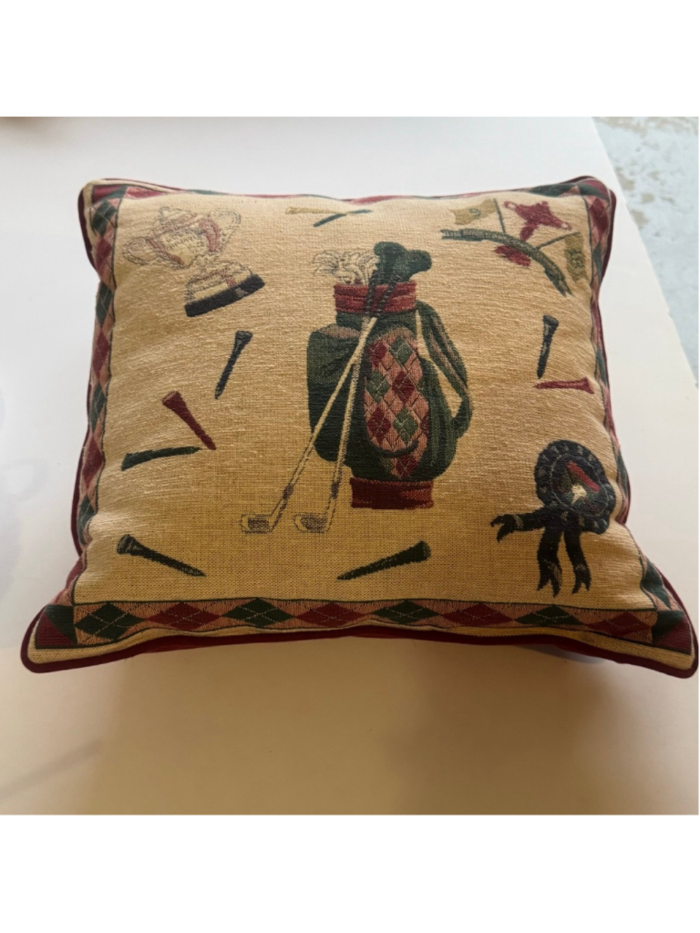 Vintage Riverdale Decorative Golf Tapestry Throw Pillow Country Club Lodge Decor